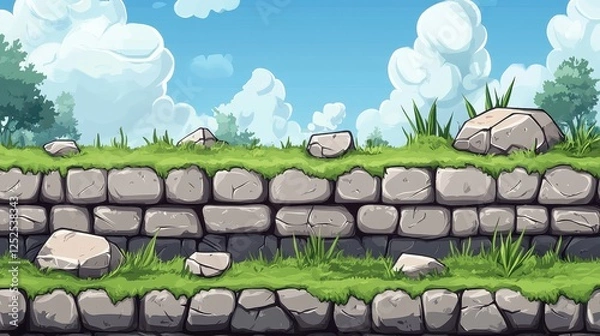 Obraz Cartoon Stone Wall with Grass and Sky Background