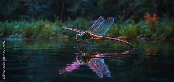 Fototapeta Neon dragonfly with fluorescent hues darts over a tranquil lake, lighting the water.

