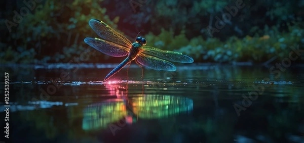 Fototapeta Glowing dragonfly skims a peaceful lake, its vibrant light shimmering on the surface.

