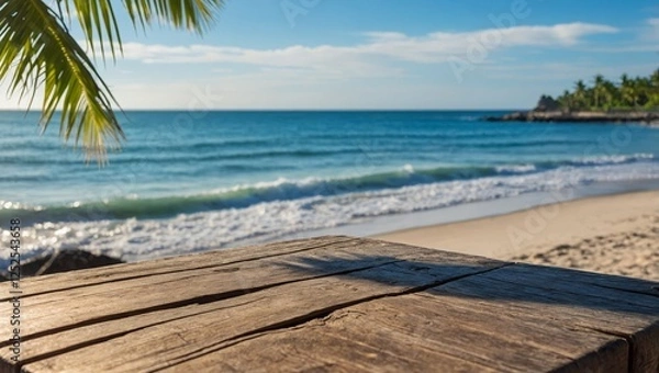 Fototapeta Tranquil beach backdrop with soft palms and bokeh lights behind a wooden tabletop.

