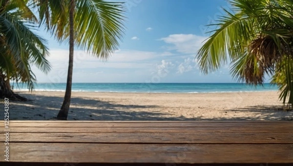 Fototapeta Peaceful seaside scene with clear sky, palm leaves, and an empty table in front.


