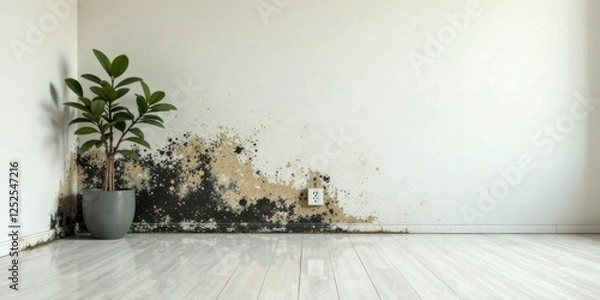 Fototapeta A potted plant sits near a wall with significant water damage and mold growth, showcasing the need for home repair and restoration services.