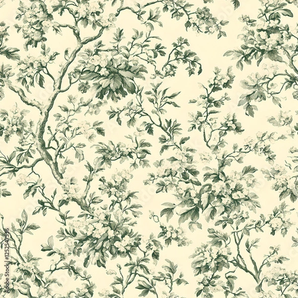 Fototapeta Dark Green Foliage Pattern On Cream Background
