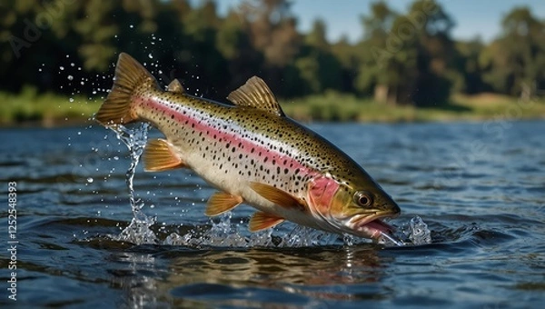 Fototapeta Panoramic trout leaping mid-air with splash, mouth open, chasing bait.

