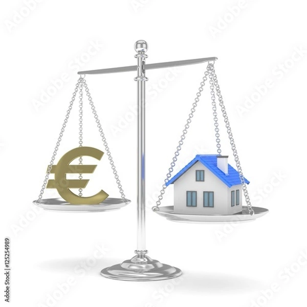 Fototapeta Isolated silver scales with golden euro and house on white background. Investment or savings concept. Real estate and currency. 3D rendering.