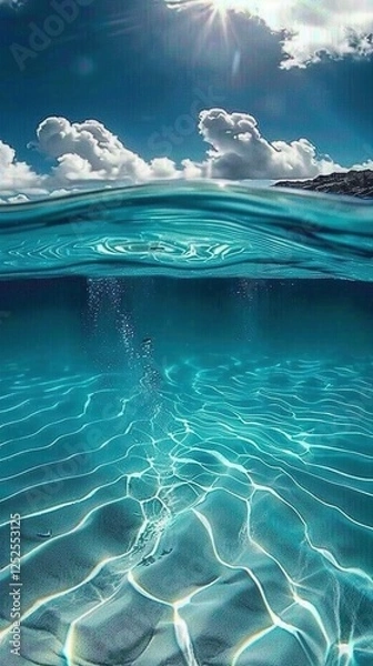 Fototapeta Serene ocean scene with crystal-clear waters and white sandy beaches, showcasing the beauty of nature's landscapes. Blue sky with fluffy clouds adds to the picturesque appearance
