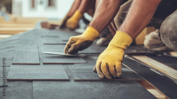 Fototapeta Skilled workers installing roof shingles with precision and care.