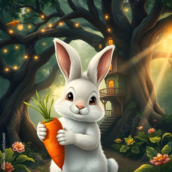Obraz A cute rabbit character in a fairy tale, holding a carrot, and a cozy tree house in the background.