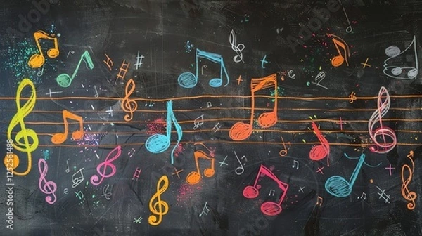 Fototapeta A black chalkboard with colorful music notes drawn on it.