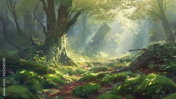 Fototapeta Serene Forest Scene with Sunlight Streaming