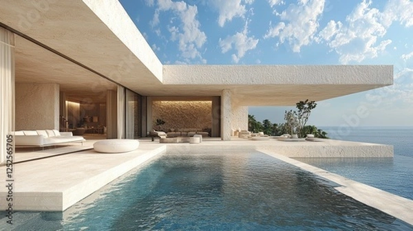 Fototapeta White Mediterranean Modern and luxury Hotel lounge building architecture design concept, summer villa house residence and private with swimming pool and sea view, resort. 3d design