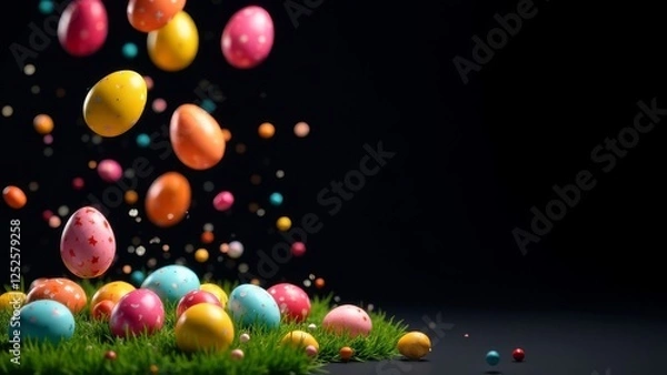 Fototapeta Easter eggs falling from top to bottom on a black background, space for advertising, text, words