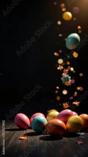 Fototapeta Easter eggs falling from top to bottom on a black background, space for advertising, text, words