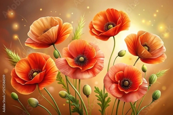 Fototapeta Beautiful Close-up of Poppy Flowers Against Beige Wall