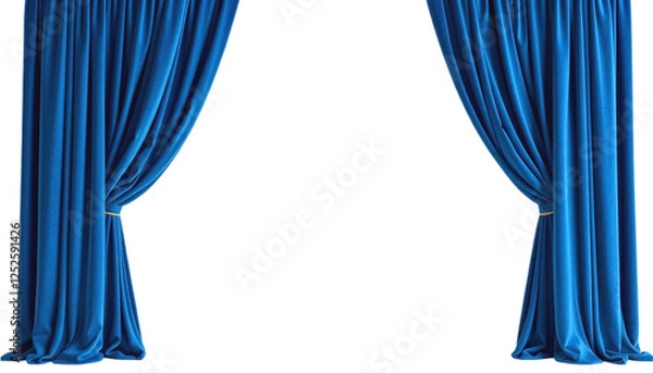 Fototapeta Vibrant Blue Velvet Curtains Against a Transparent Background. A dramatic image of a pair of rich deep blue velvet curtains elegantly draped and pulled apart to reveal a blank white space