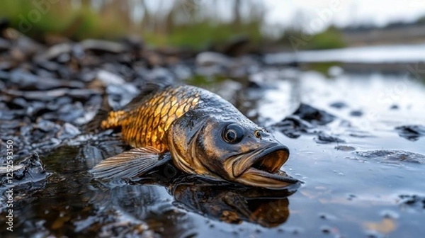 Fototapeta A fish is laying on the ground in a pond