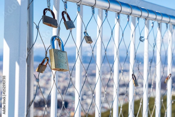 Obraz 見晴らしの良い展望台のフェンスにつけられた複数の南京錠