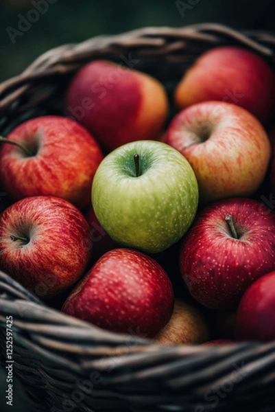Fototapeta One green apple in a basket of red apples, representing a bold expression of originality and unexpected contrast