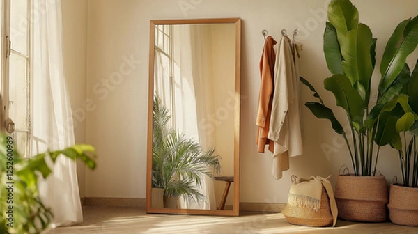 Fototapeta A tall narrow mirror leaning against the wall in a minimalist room, reflecting serene simplicity.