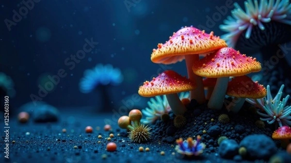 Fototapeta Enchanted Underwater Fungi Forest Vibrant, bioluminescent mushrooms and aquatic flora thrive in a mysterious deep-sea landscape.