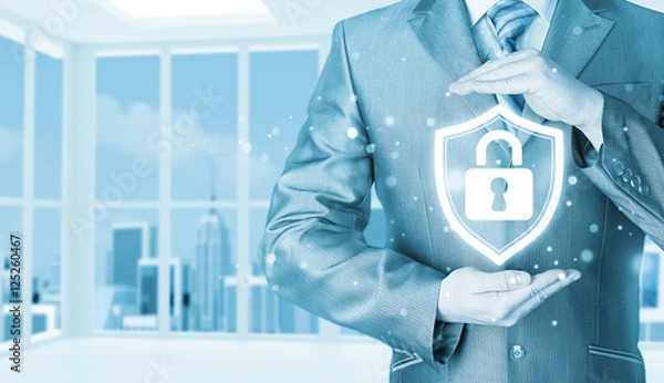 Fototapeta Data protection and insurance. Concept of business security, safety of information from virus, crime and attack. Internet secure system. Office background.