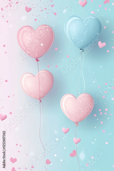 Fototapeta Pink and blue ballons in heart shape on pastel background, elegant design for greeting cards or invitations