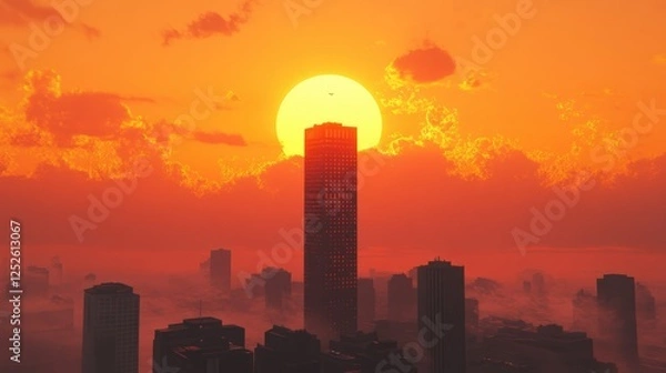 Fototapeta The sun rising over a tall skyscraper, creating a silhouette against the vibrant orange sky with soft clouds in the distance