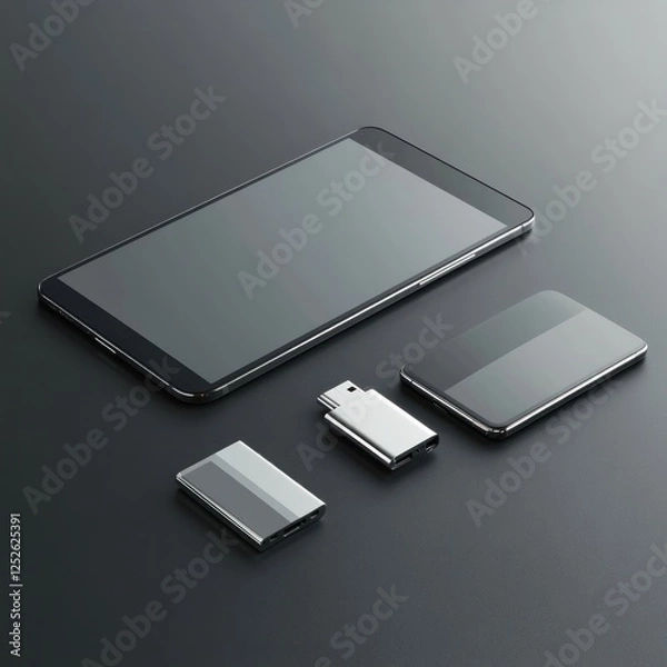 Fototapeta Tablet, phone, USB, and flash drive on dark background
