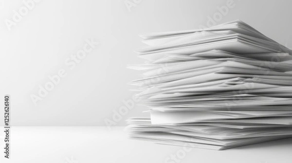 Fototapeta High stack of papers on white desk, minimalist background, office paperwork