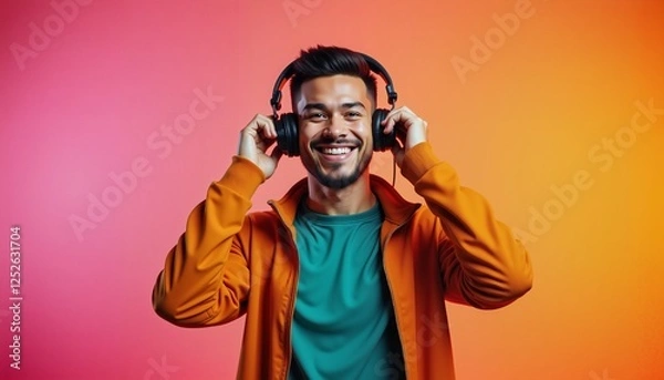 Fototapeta Smiling man with headphones on vibrant colorful background, music enjoyment concept