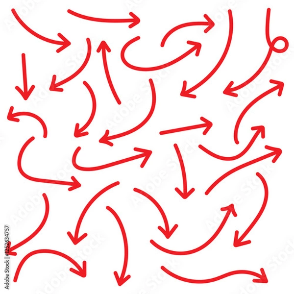 Obraz Hand drawn arrow vector icons set. Sketch arrow design for business plan and education. Set of arrows Red icons. Circle arrows, rotate arrow, redo process symbol. Hand drawn brush vector arrows. 