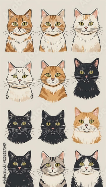 Fototapeta A delightful collection of cat portraits showcases a variety of fur patterns and colors, radiating charm and feline allure.