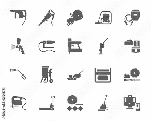 Fototapeta Construction tools and consumables, monochrome icons. Gray, vectors, equipment for construction and renovation on a white background. 