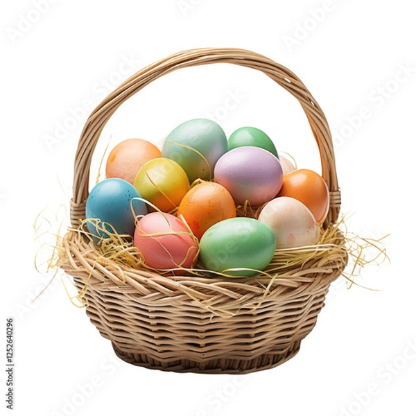 Fototapeta Colorful Pastel Easter Eggs in a Wicker Basket with Straw Filling