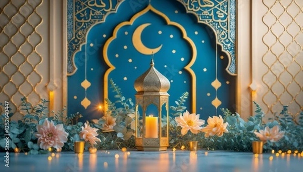Fototapeta Islamic background for Ramadan, A glowing Lantern placed at Mosque with Elegant Decoration, Lighting, Flowers and Moon. Eid Celebration Banner Illustration