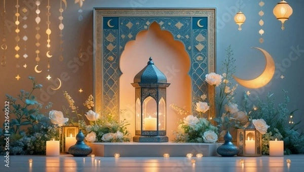 Fototapeta Islamic background for Ramadan, A glowing Lantern placed at Mosque with Elegant Decoration, Lighting, Flowers and Moon. Eid Celebration Banner Illustration