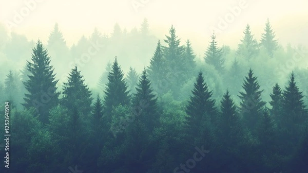 Fototapeta Misty Evergreen Forest Trees Landscape Scene