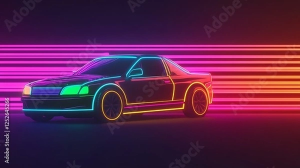 Fototapeta Neon Cartoon Car with Vibrant Party Lights in Reggae Style Background
