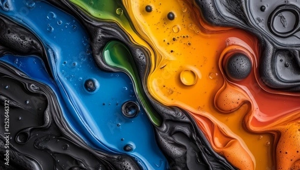 Fototapeta Top-down view of oil spill on ocean with colorful streaks and bubbles