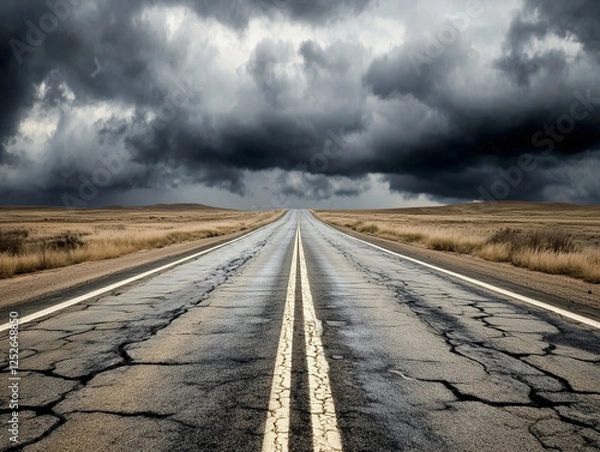 Obraz Desert Highway with Cracked Asphalt Under Dramatic Storm Clouds