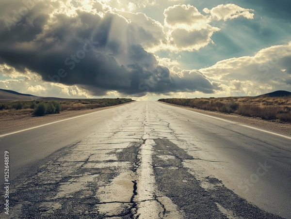 Obraz Desert Highway with Cracked Asphalt Under Dramatic Storm Clouds