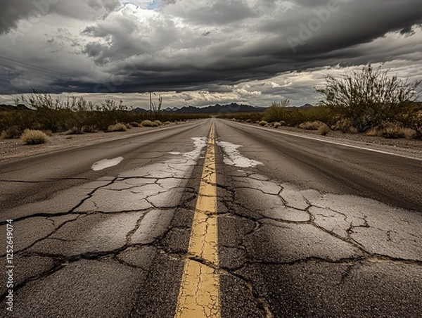 Obraz Desert Highway with Cracked Asphalt Under Dramatic Storm Clouds