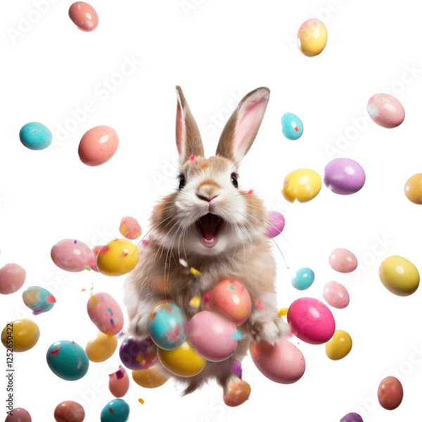 Obraz Excited Bunny Surrounded by Colorful Easter Eggs and Confetti isolated