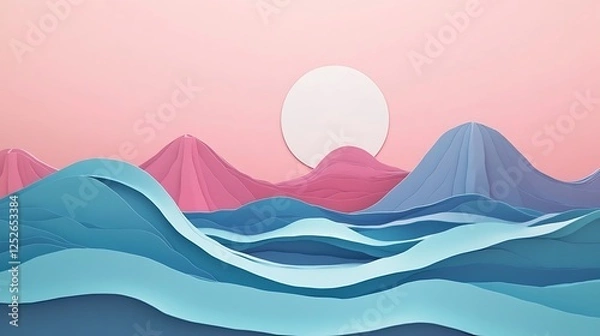 Fototapeta Pastel Mountains and Waves Abstract Landscape