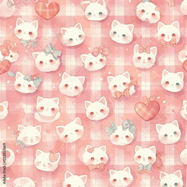 Obraz Cute Cat Pattern Design with Hearts and Bows on Soft Pink Background