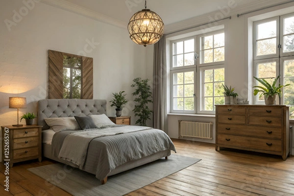 Fototapeta Cozy Modern Bedroom Interior With Wooden Furniture And Natural Light Interior