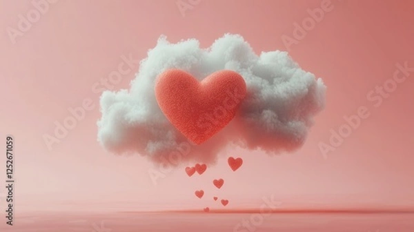 Fototapeta Pink Cloud With Floating Red Heart On Pastel Backgrounds