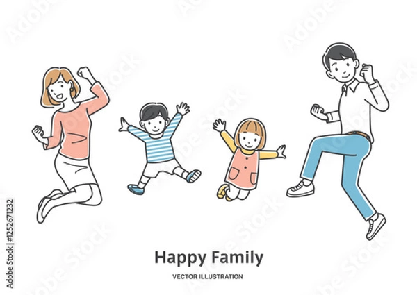 Fototapeta 歓喜してジャンプする4人家族