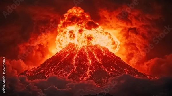 Fototapeta A dramatic volcanic eruption emits bright lava and smoke, creating a fiery spectacle against a darkened sky.