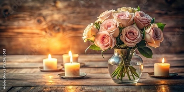 Obraz A delicate bouquet of pastel roses in a glass vase, illuminated by the warm glow of softly lit candles on a rustic wooden surface.